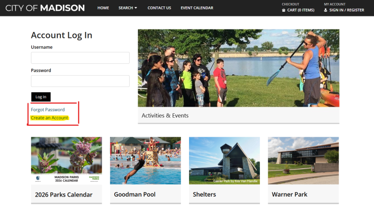 screenshot of webtrac create an account highlighted